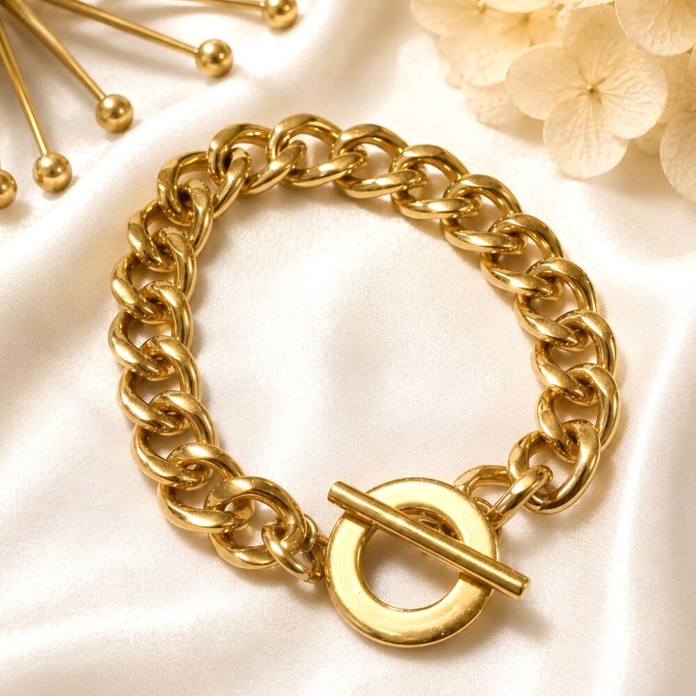 Gold Tone Chunky Chain Toggle Clasp Bracelet Statement Link 7.5"